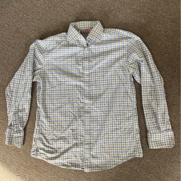 Thomas Pink Button Up Collared Blue Yellow Check Pattern Dress Shirt Size 16 - Picture 1 of 8